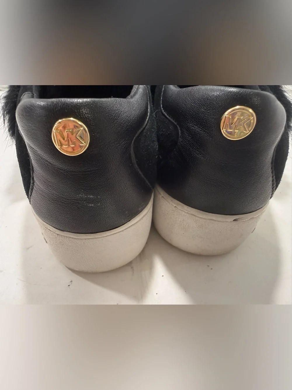 Michael Kors Maven Black Suede Slipon Sneakers Fur Cuff Sz 8.5 Chic Comfort
